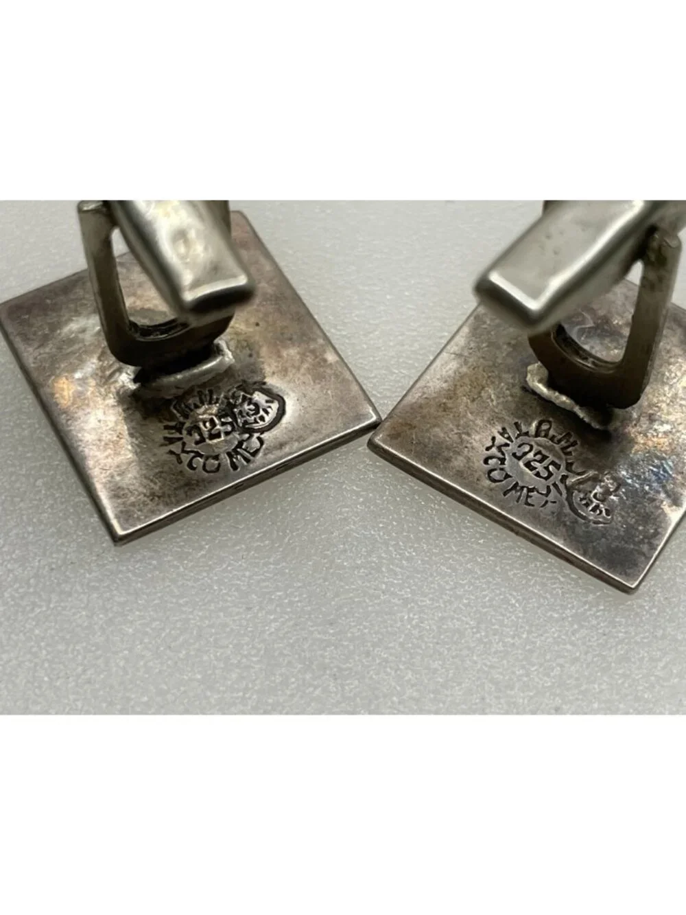 Signed Vintage Taxco Mexican Sterling Silver Square Minimalist Enamel Cufflinks